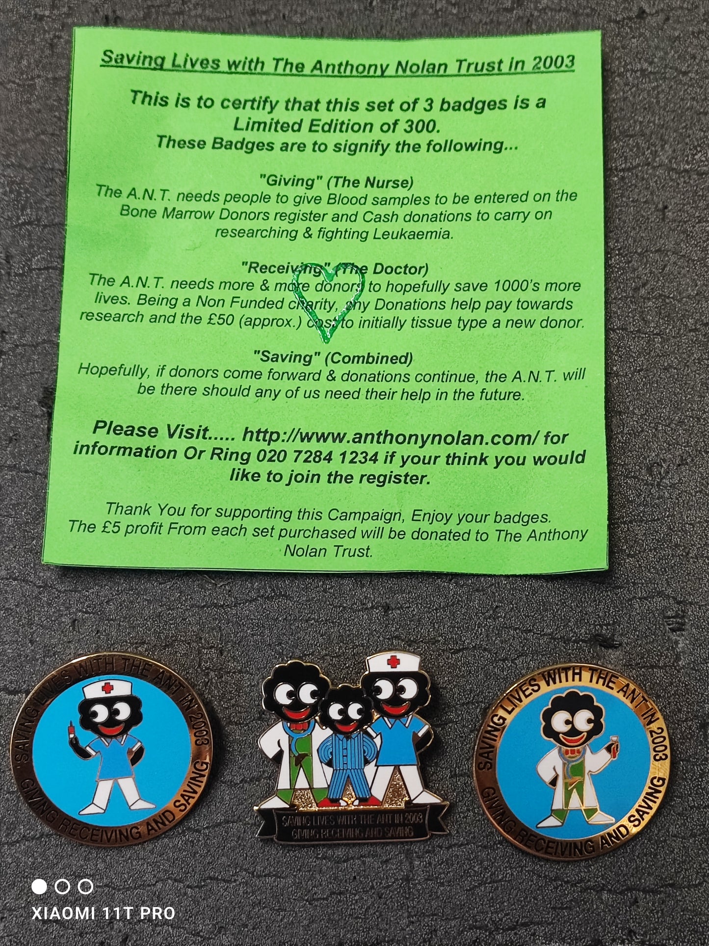 Anthony Nolan Set of 3 Badges With Cert