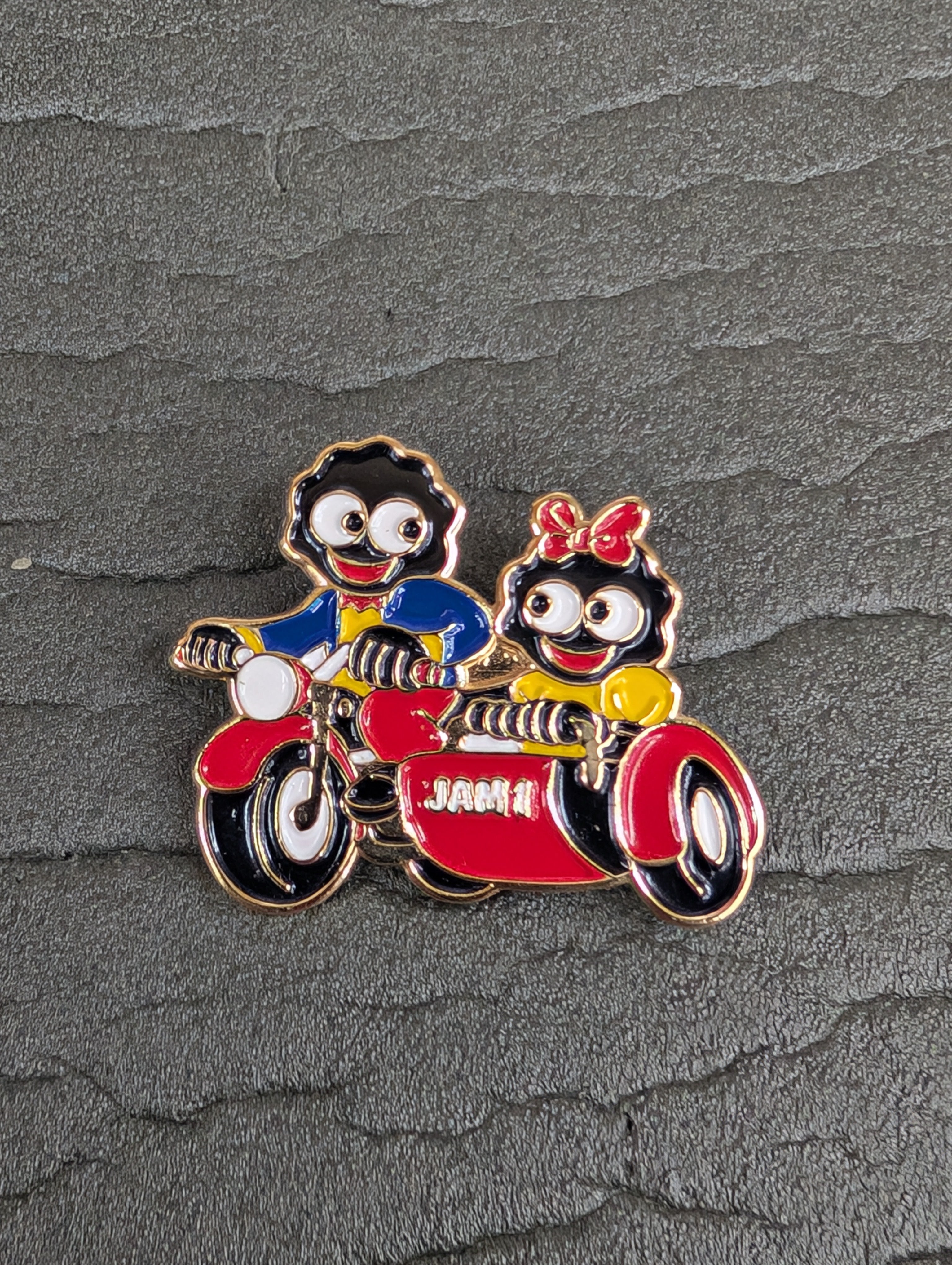 Golly and Golly Girl in Sidecar – GollyBadges.com