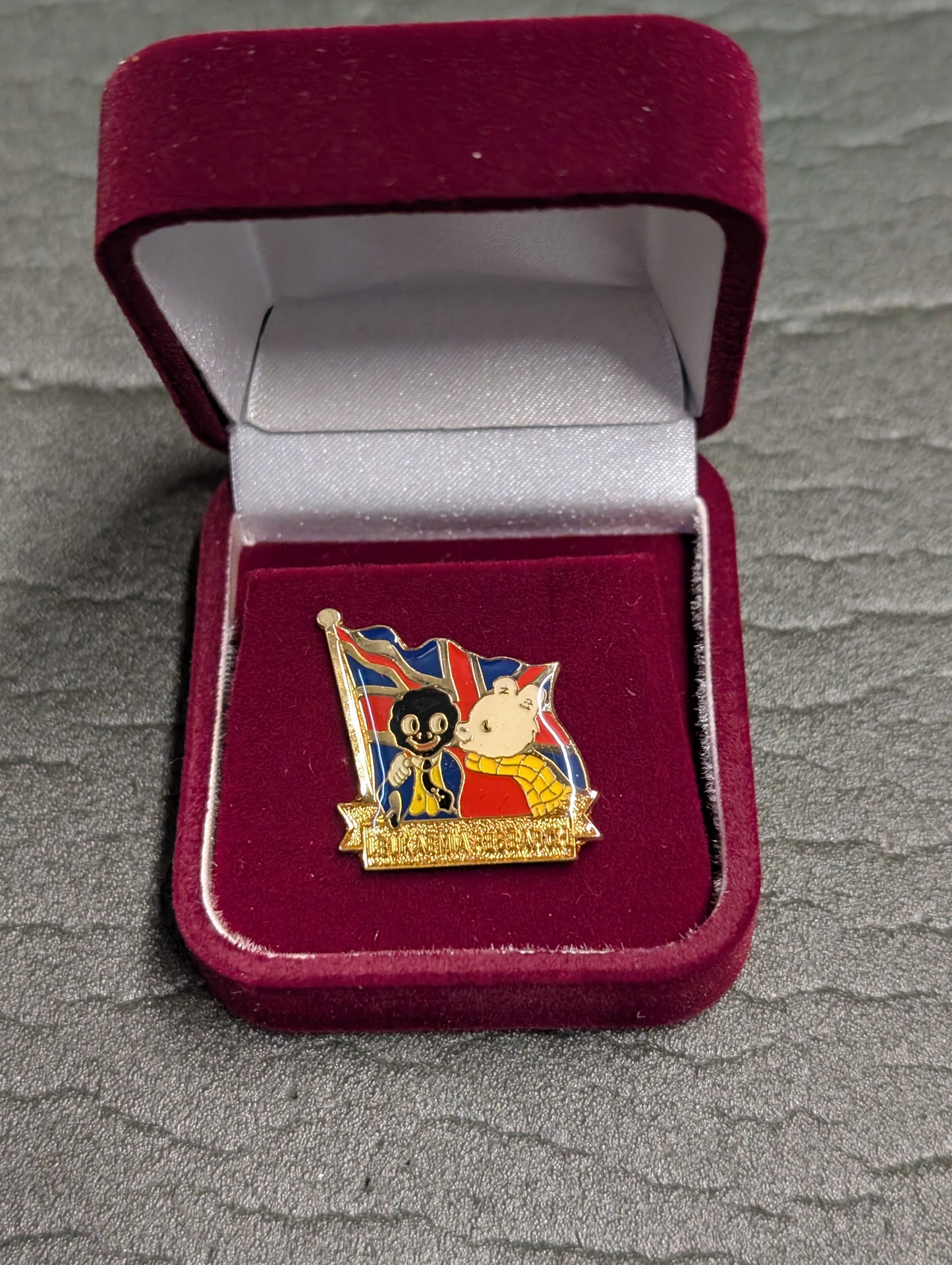 Golly and Rupert Flag Boxed Unenamelled Banner Gold Base Metal
