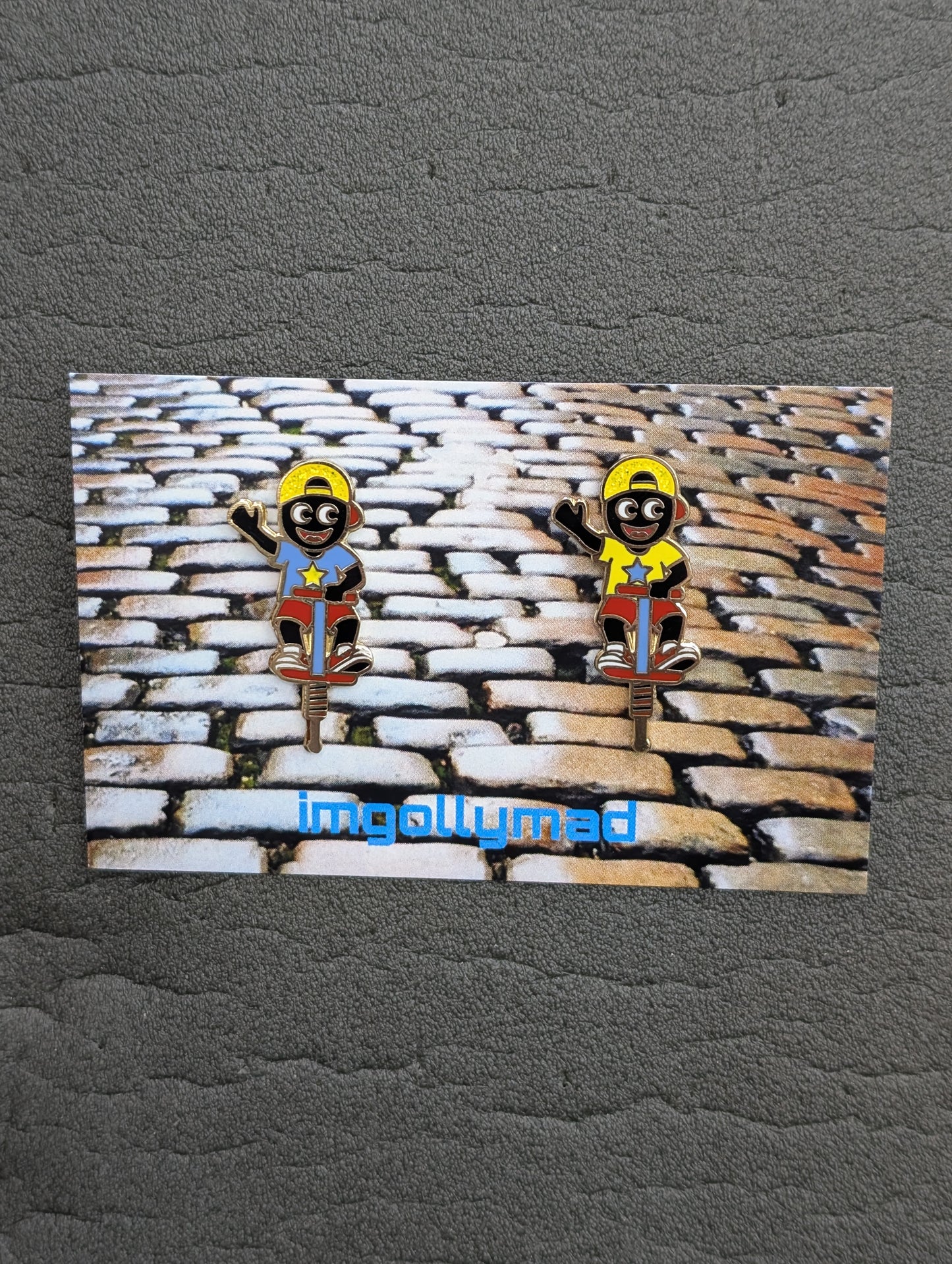 Golly on Pogo Stick Special Glitter Caps Pair of Badges by imgollymad Limited Edition of 20 Only