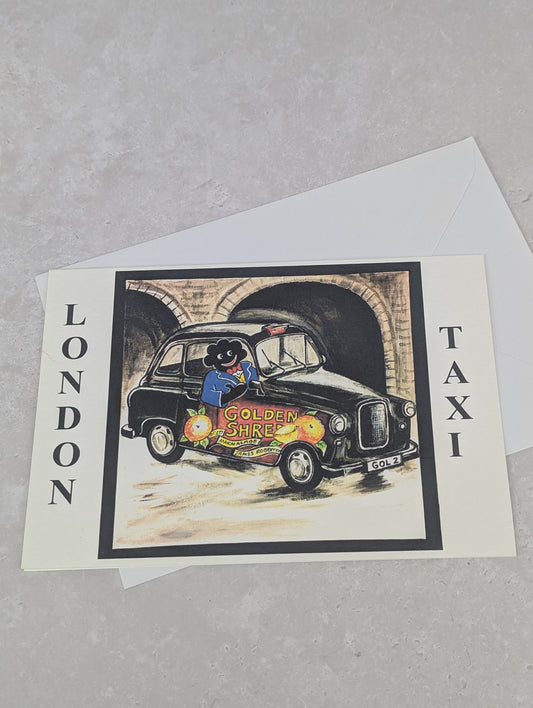 London Taxi Greetings Card by Karen Fry