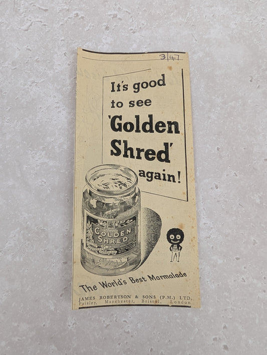 Robertsons B/W Golden Shred Newspaper Advert 1947