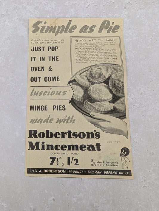 Robertsons B/W Mincemeat Newspaper Advert 1938
