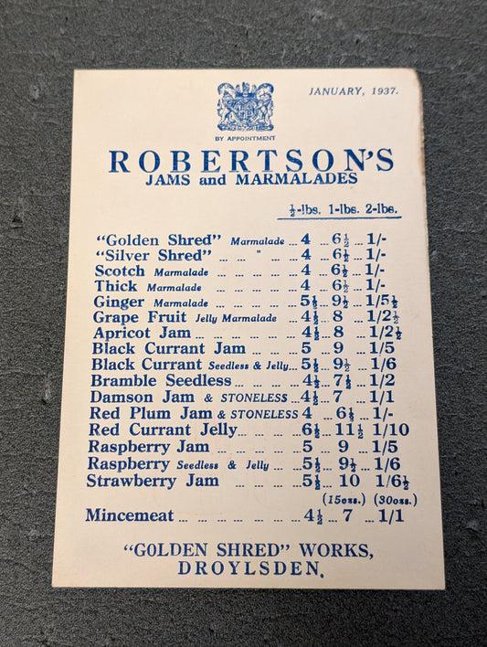 Robertsons Prewar 1937 Price Card