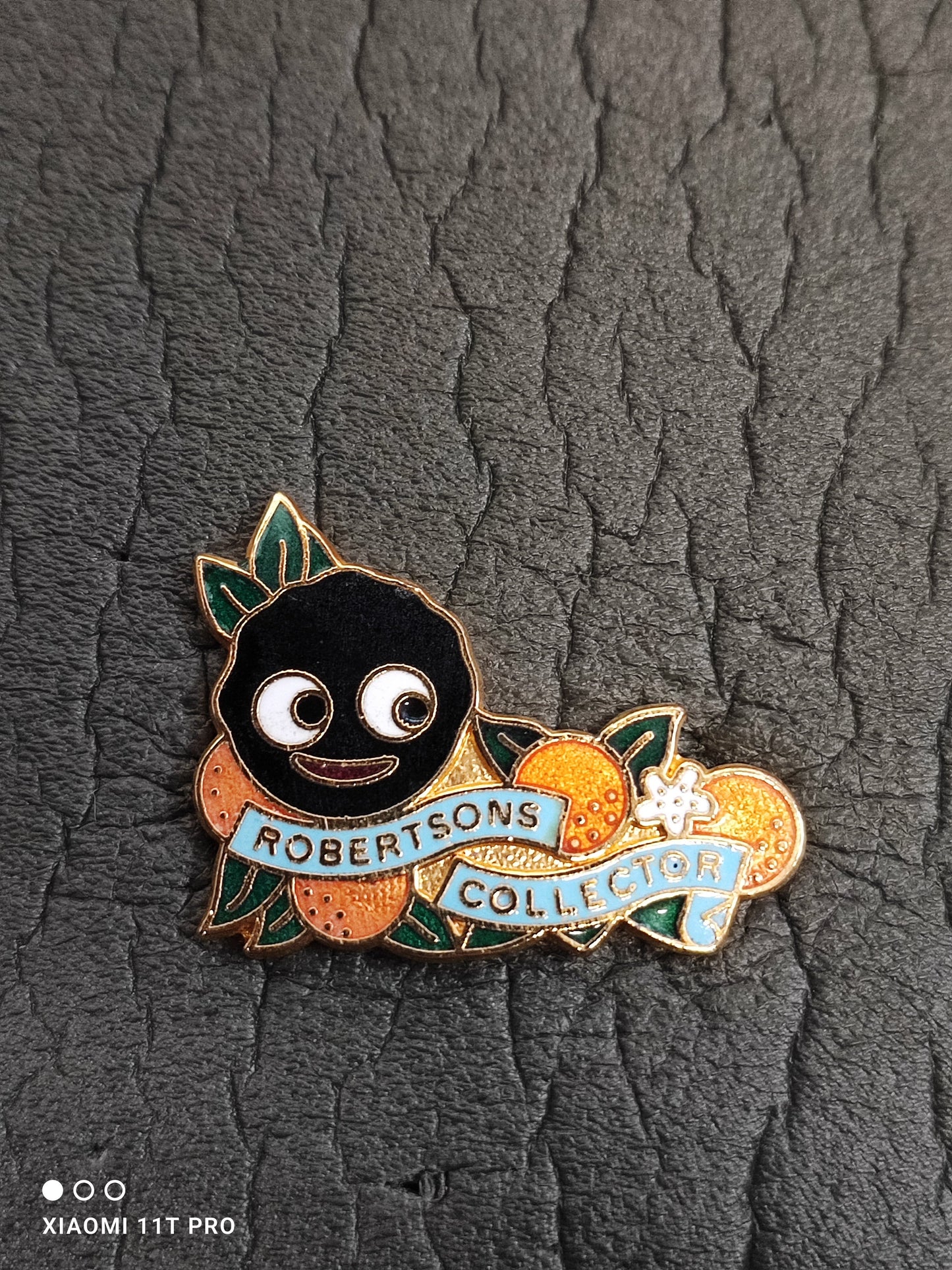 Collectors Enamel - Oranges Light Blue Scroll