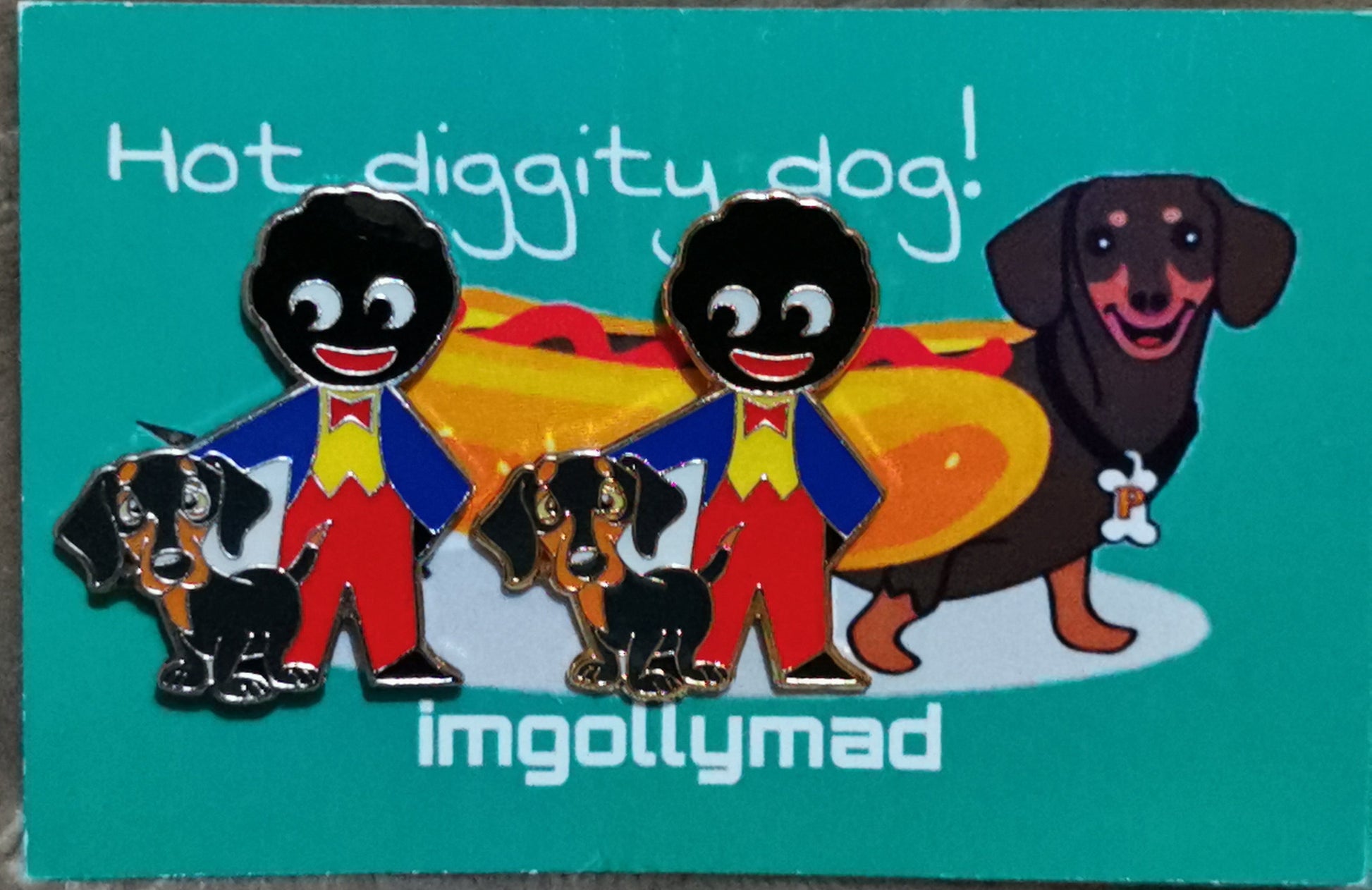 Golly with Dog Pair of Badges image - GollyBadges.com
