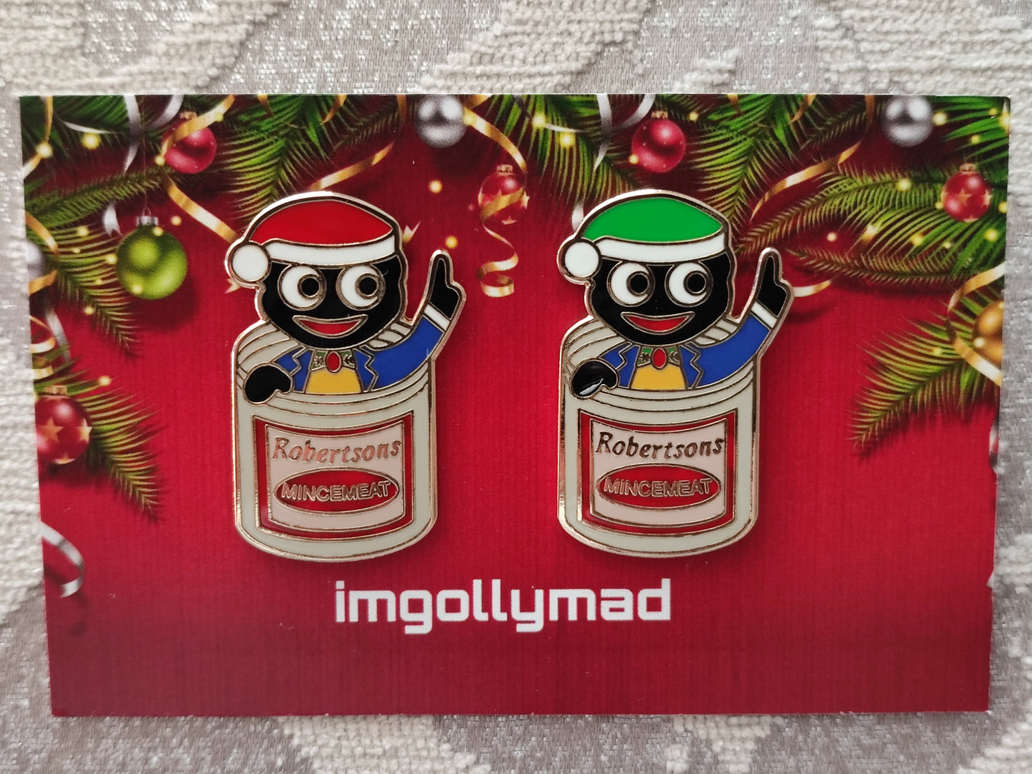 Mincemeat Santa Pair of Badges image - GollyBadges.com
